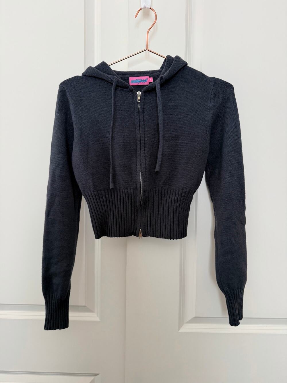 Edikted navy blue full zip hooded sweater knit cardigan cropped